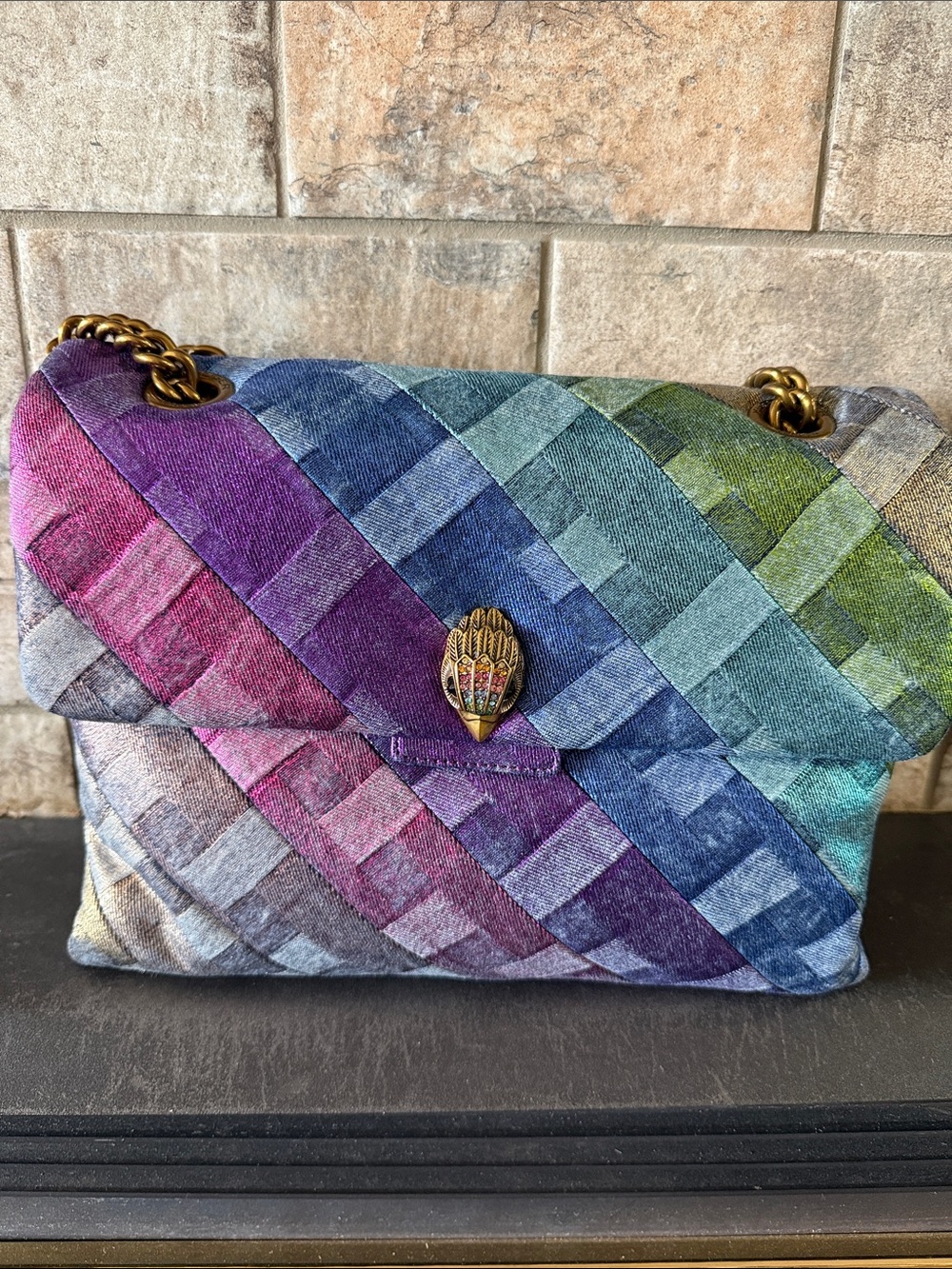 Kurt Geiger Multi-Color Denim Shoulder Bag with Gold Chain Accent